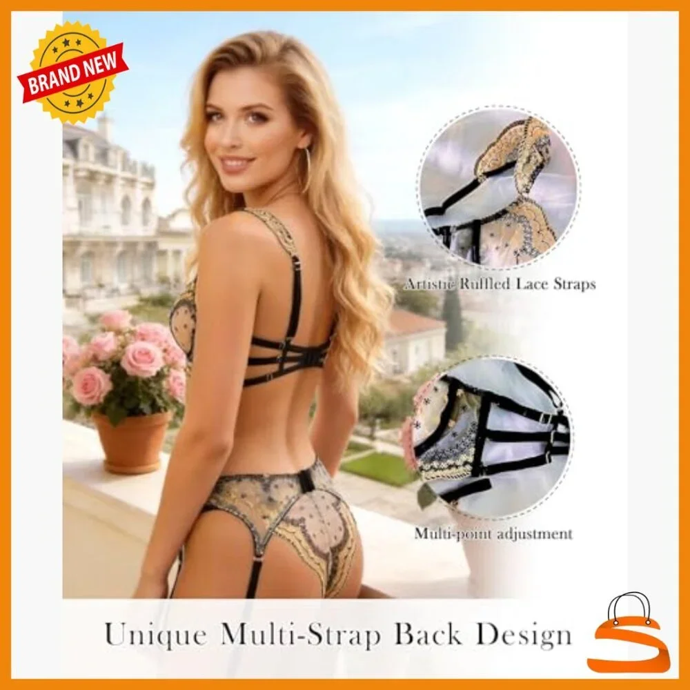 XXL Sheer Mesh Lingerie Set Balconette Bra Garter Belt Thong